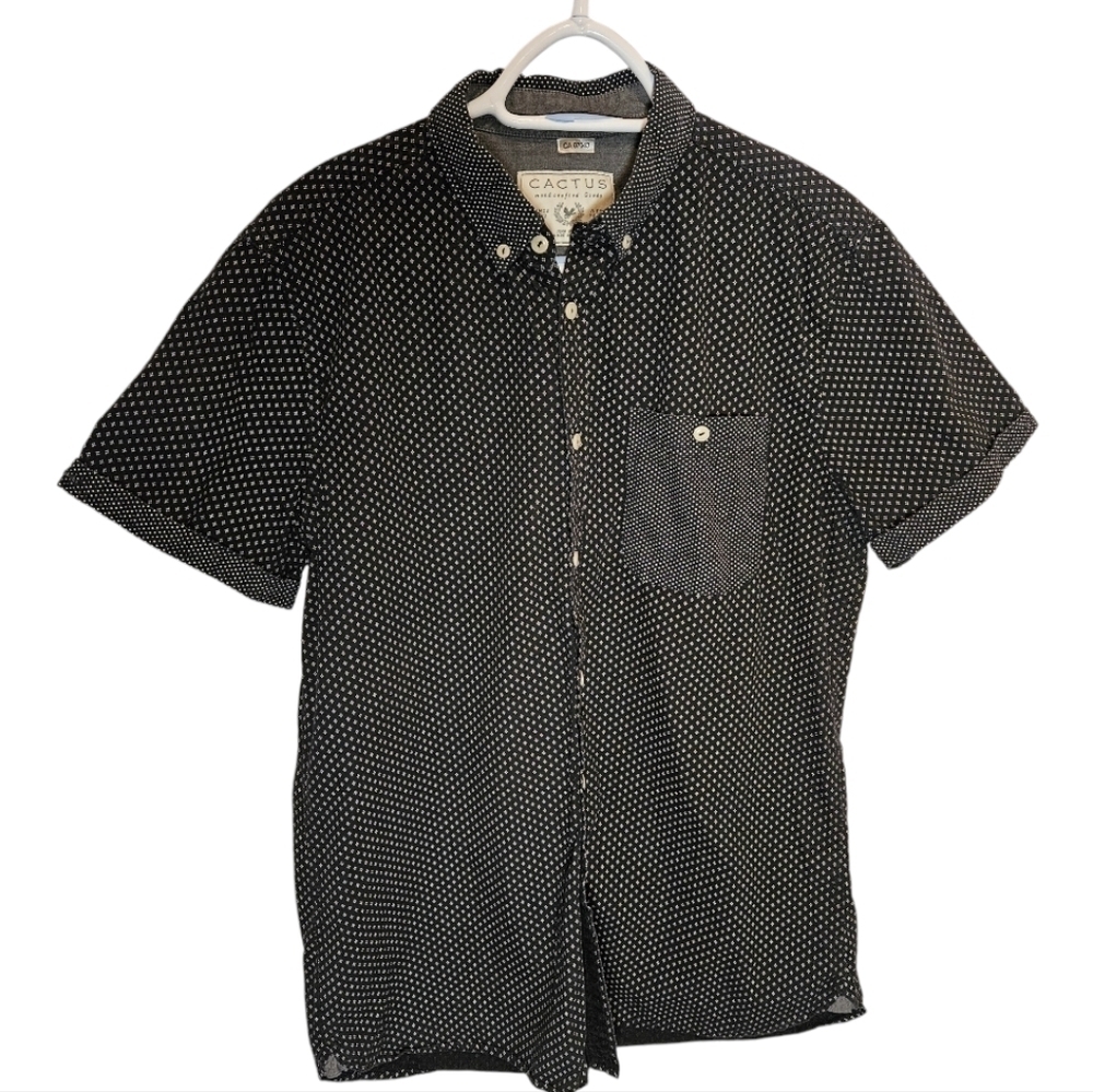 Cactus Handcrafted Button Down Shirt Mens Size L Cotton Short Sleeve Navy Blue‍‍